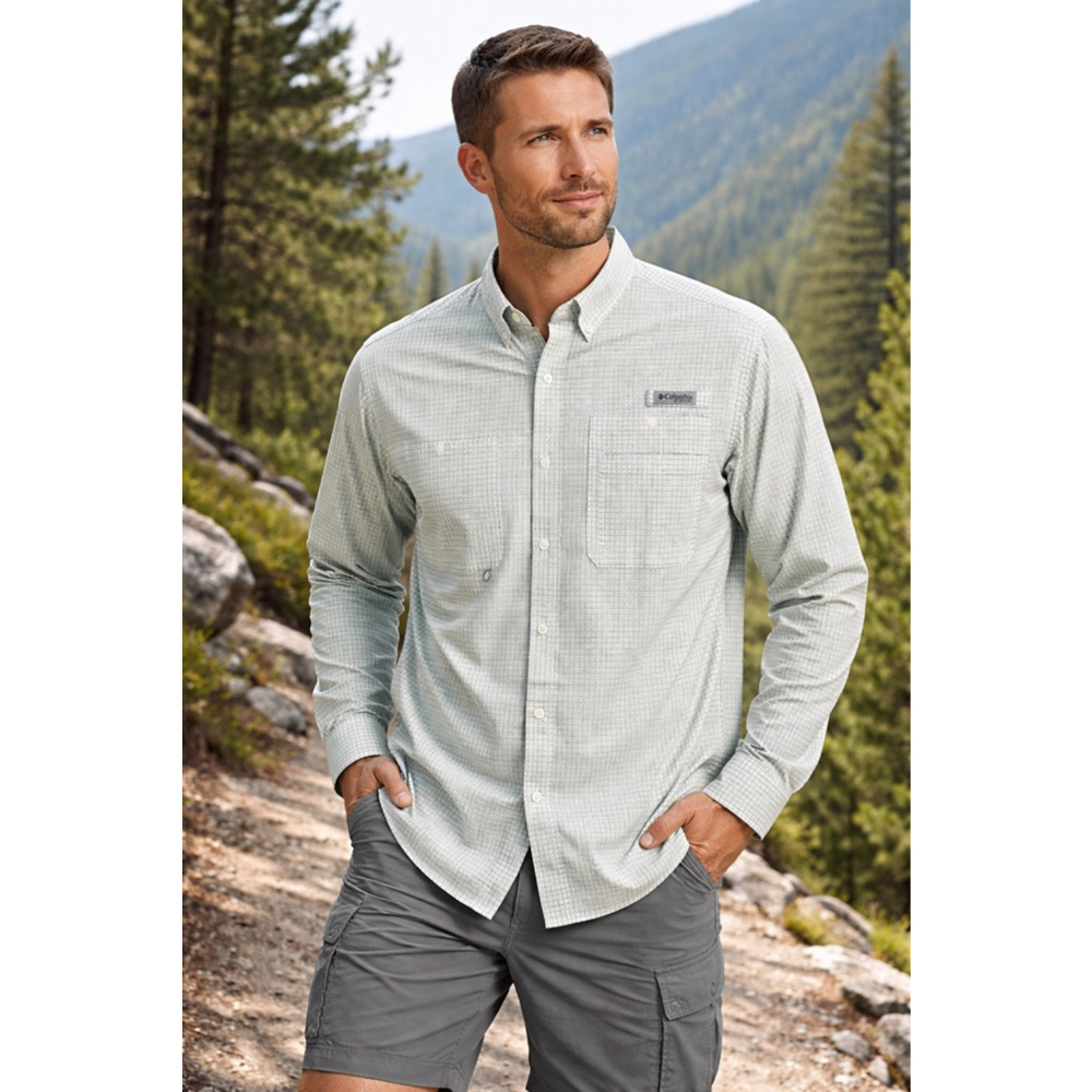Columbia Mens PFG Sun Protection Button Down Shirt XL White Green Plaid